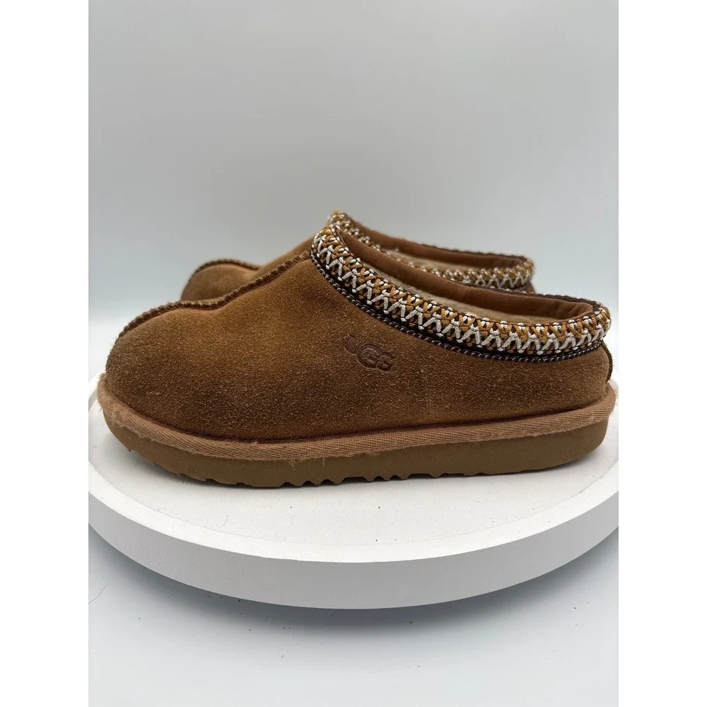 UGG Tasman Slippers Big Kids Size 1 Chestnut Boho Cozy Suede Braid Trim 10190